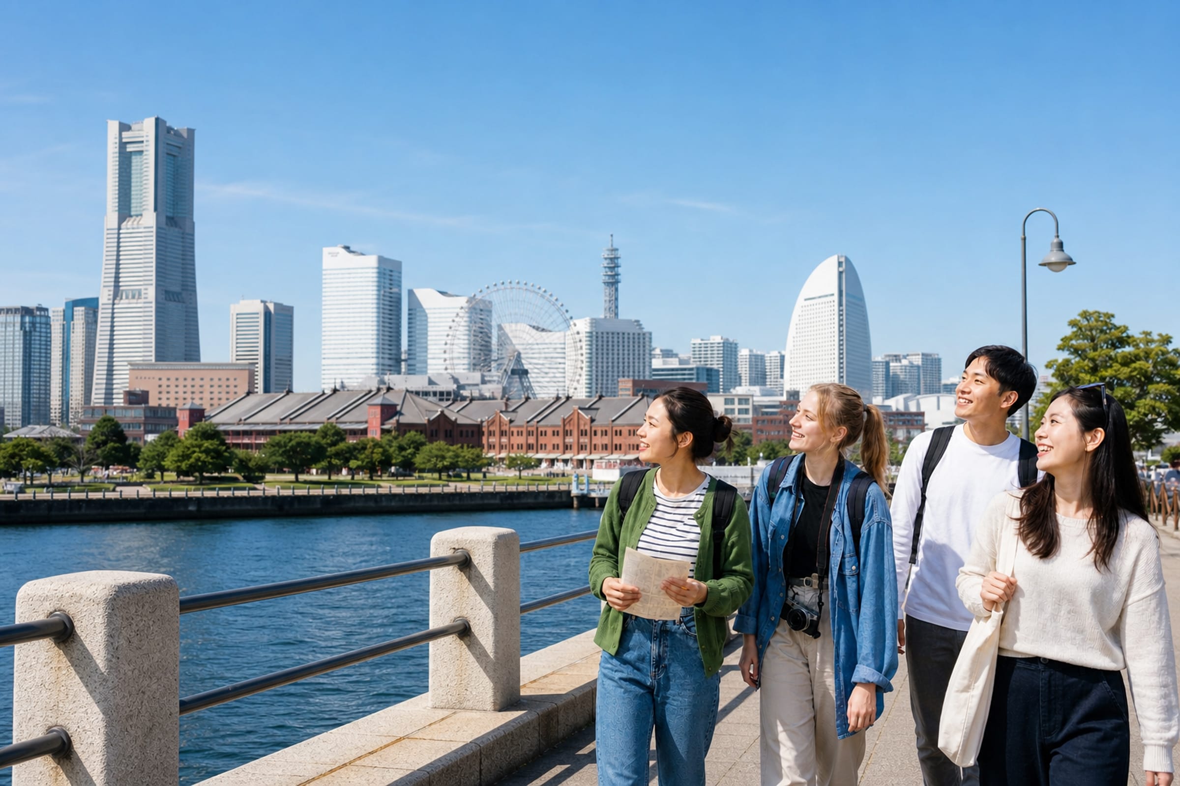 都市の水辺を歩きながら交流する若者たち