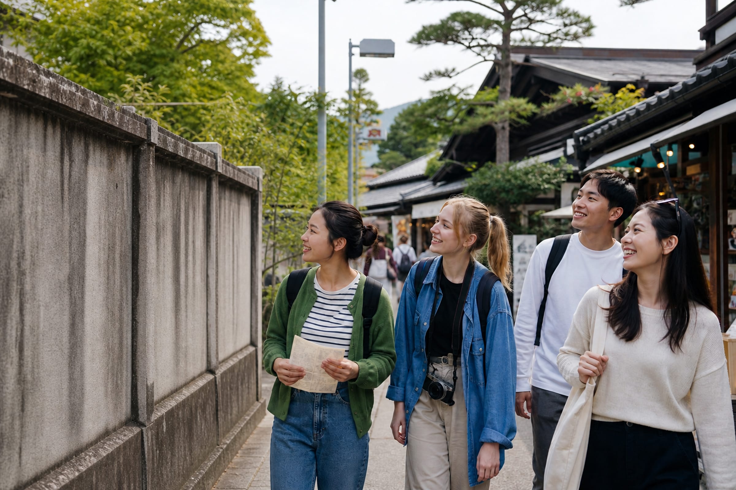 日本の伝統的な街並みを楽しむ若者たち
